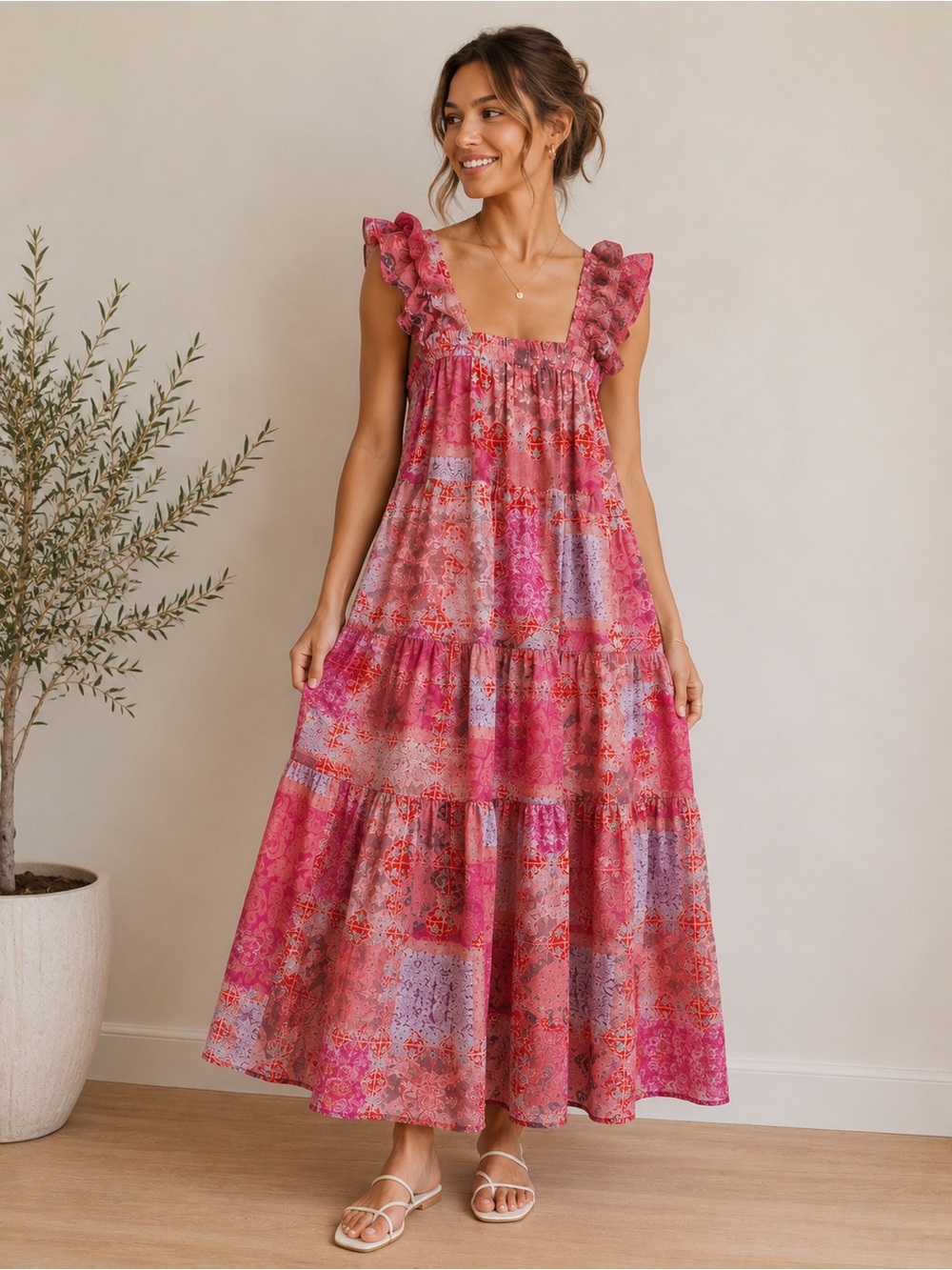 THML Boho Patchwork Midi Maxi Dress Pink Ruffle Strap Tiered Cottagecore XS